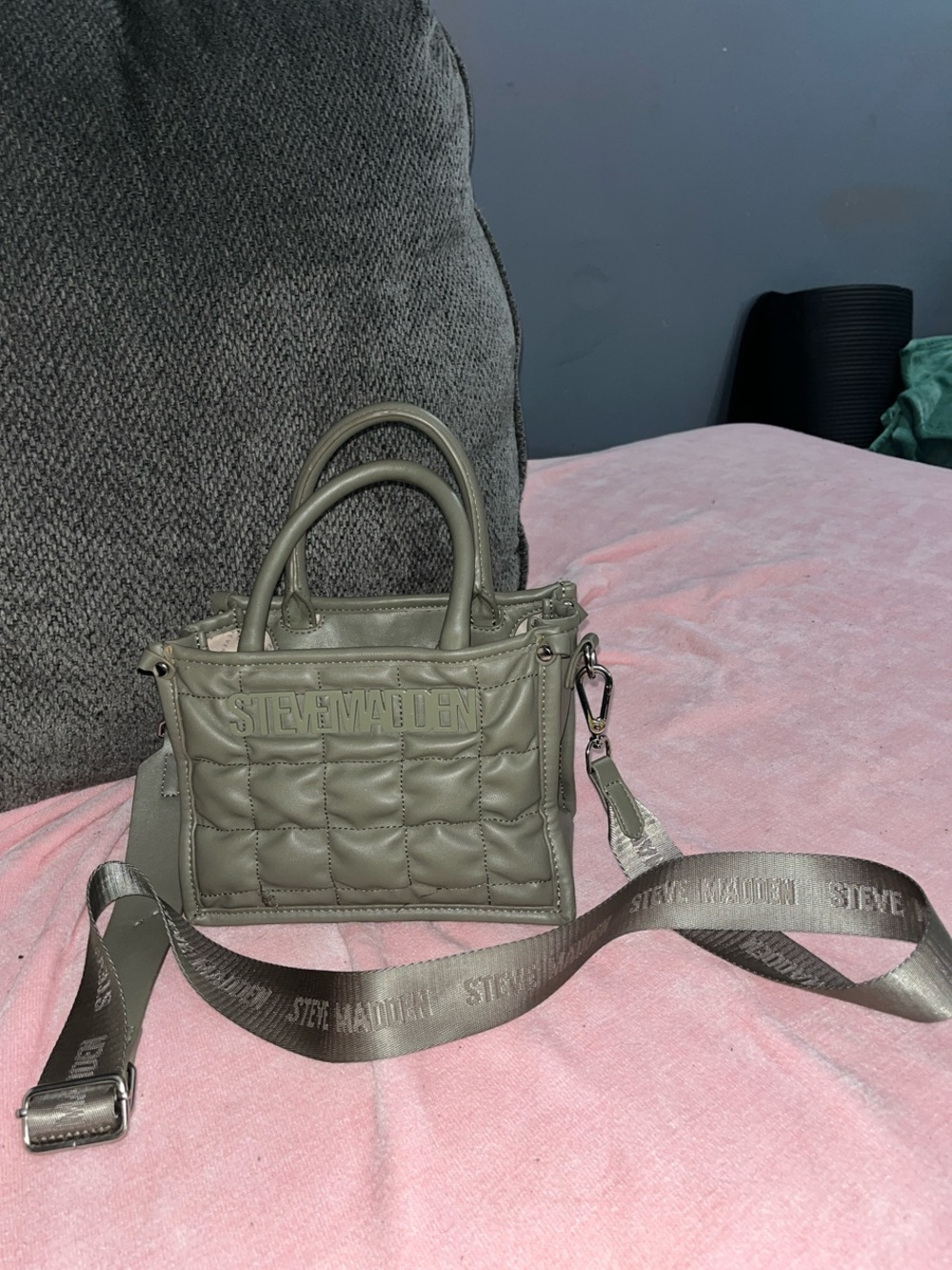 Steve Madden Quilted Olive Mini Satchel with Logo Strap